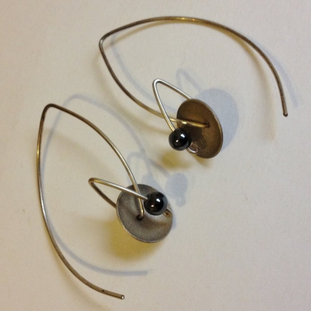 Sterling Silver Wire Disc Earrings Black Hematite Beads Unique Handmade Gift New